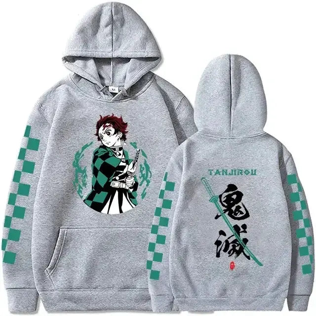 Plus size Tanjiro Kamado Demon Slayer hoodie by Infinite Visibility, featuring detailed character design on a tan-colored sweatshirt.
