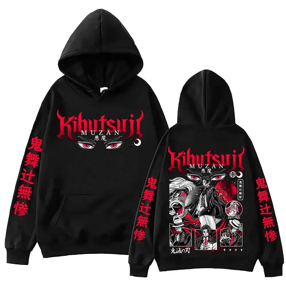 Black Muzan Kibutsuji Demon Slayer hoodie from Infinite Visibility featuring detailed demon character artwork on the front.
