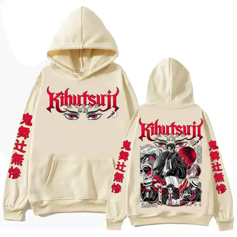 Black Muzan Kibutsuji hoodie from Demon Slayer with embroidered design, featuring a comfortable pullover style by Infinite Visibility.