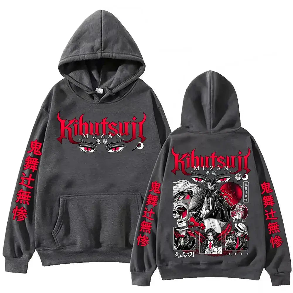 Black Muzan Kibutsuji hoodie from Demon Slayer with bold graphic design, featuring a stylish Harajuku-inspired pullover by Infinite Visibility.