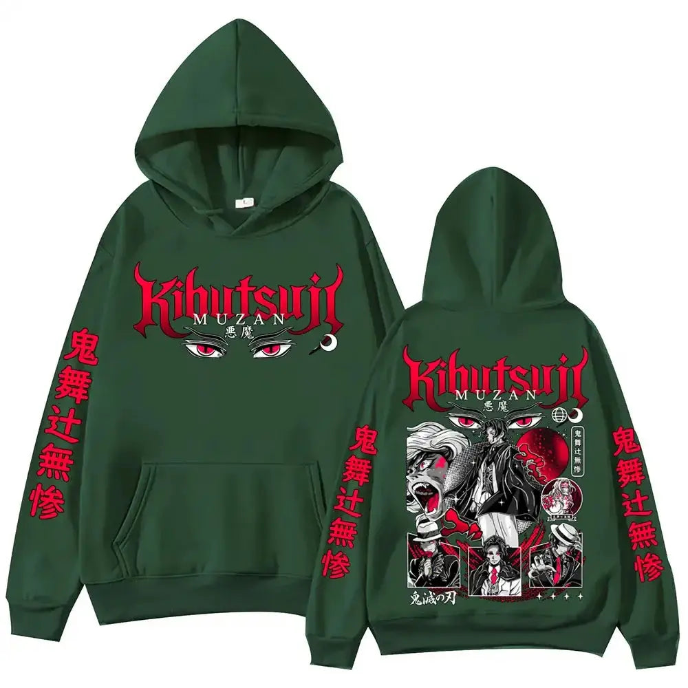 Black Muzan Kibutsuji Demon Slayer hoodie by Infinite Visibility featuring detailed demon and character artwork.