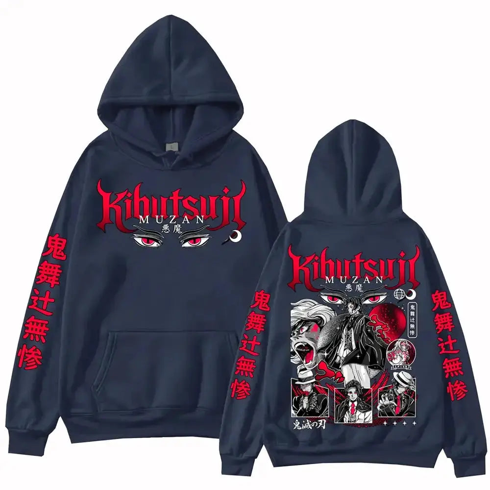 Black Muzan Kibutsuji hoodie from Demon Slayer with detailed demon art, casual pullover style, by Infinite Visibility.