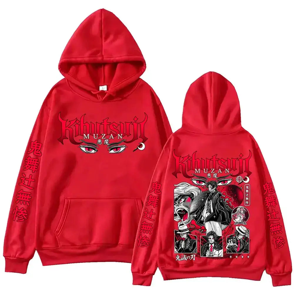 Black Muzan Kibutsuji Demon Slayer hoodie by Infinite Visibility, featuring detailed character illustration and comfortable pullover design.