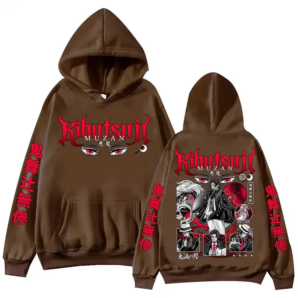Black Muzan Kibutsuji Hoodie from Demon Slayer by Infinite Visibility, featuring detailed character design and comfortable pullover style.