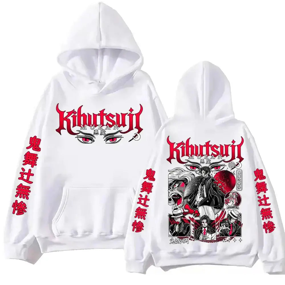 Black Muzan Kibutsuji Demon Slayer hoodie by Infinite Visibility featuring detailed demon character artwork on the front.