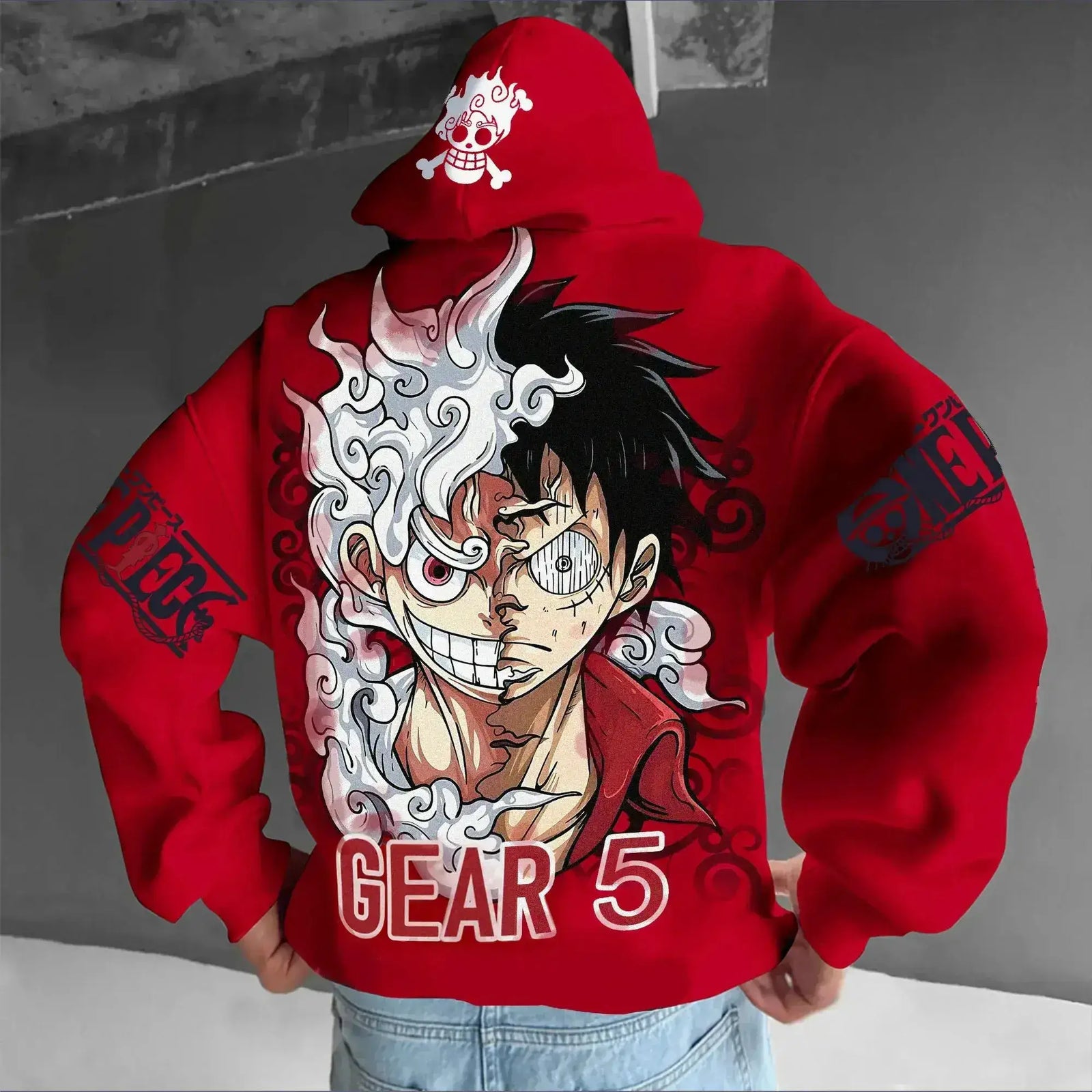 Oversized Luffy Gear 5 Nika anime hoodie by Infinite Visibility, featuring bold graphic design and comfortable fit.