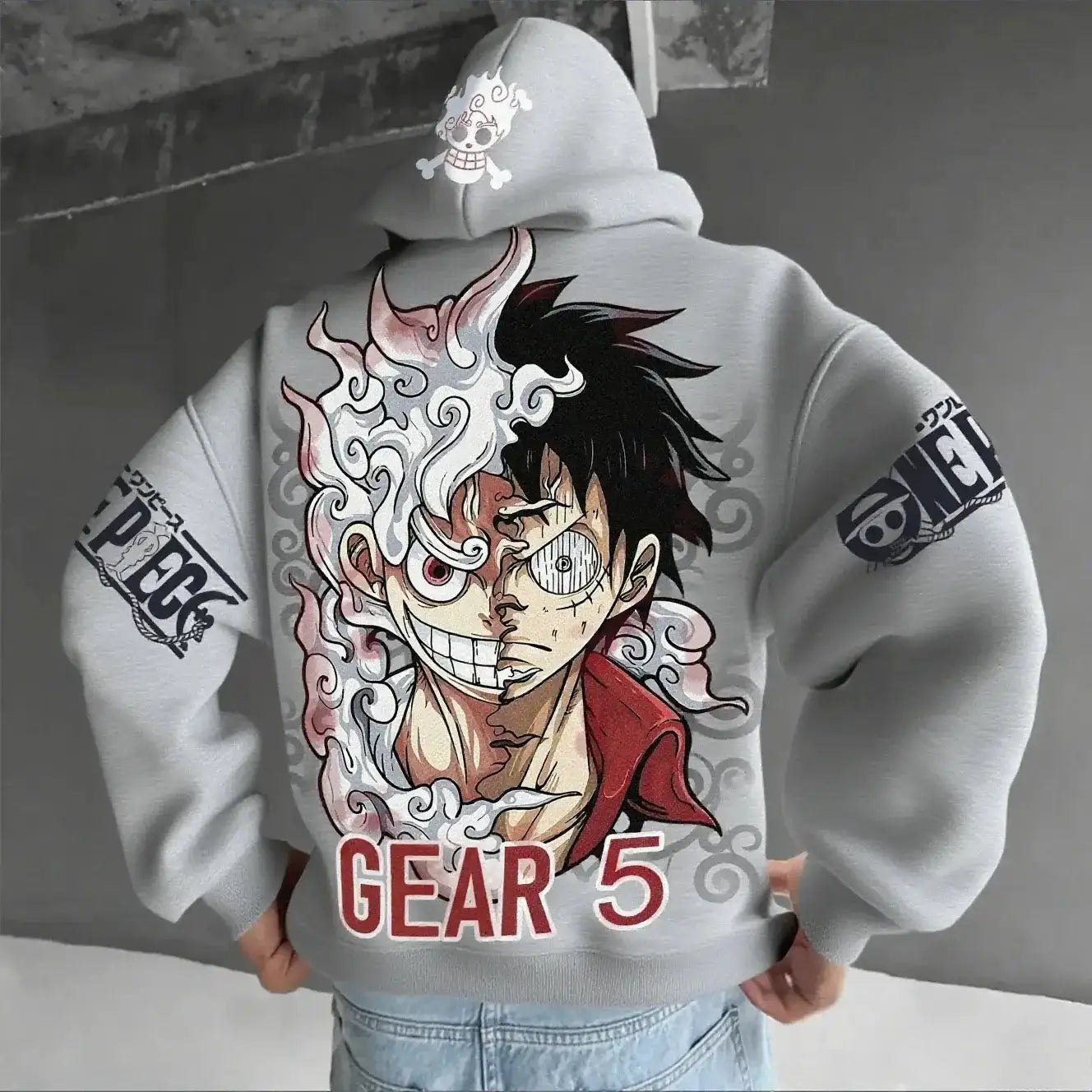 Oversized Luffy Gear 5 Nika anime hoodie by Infinite Visibility featuring bold graphic print and comfortable fit.