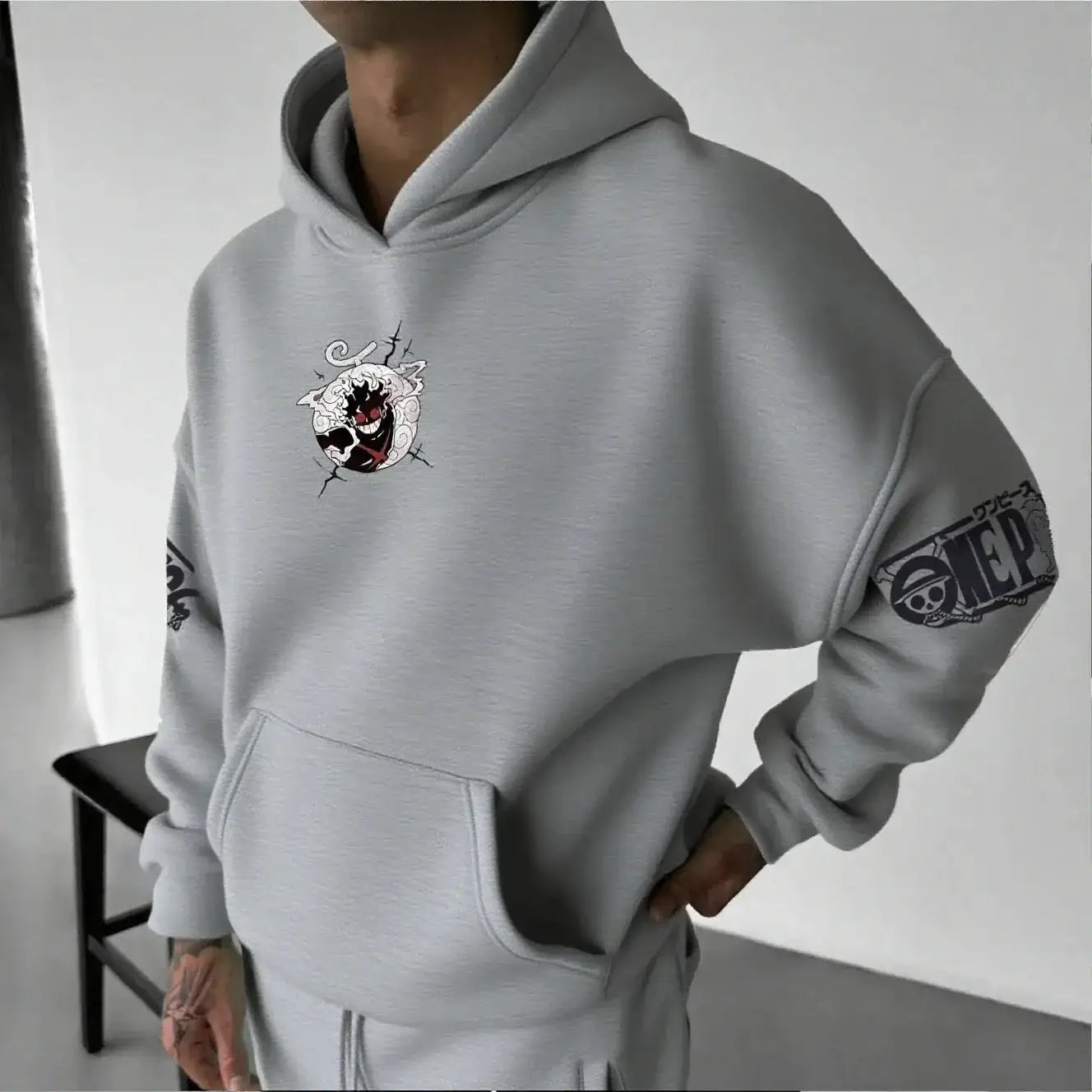 Oversized Luffy Gear 5 Nika anime hoodie by Infinite Visibility, featuring bold printed design and comfortable fit.