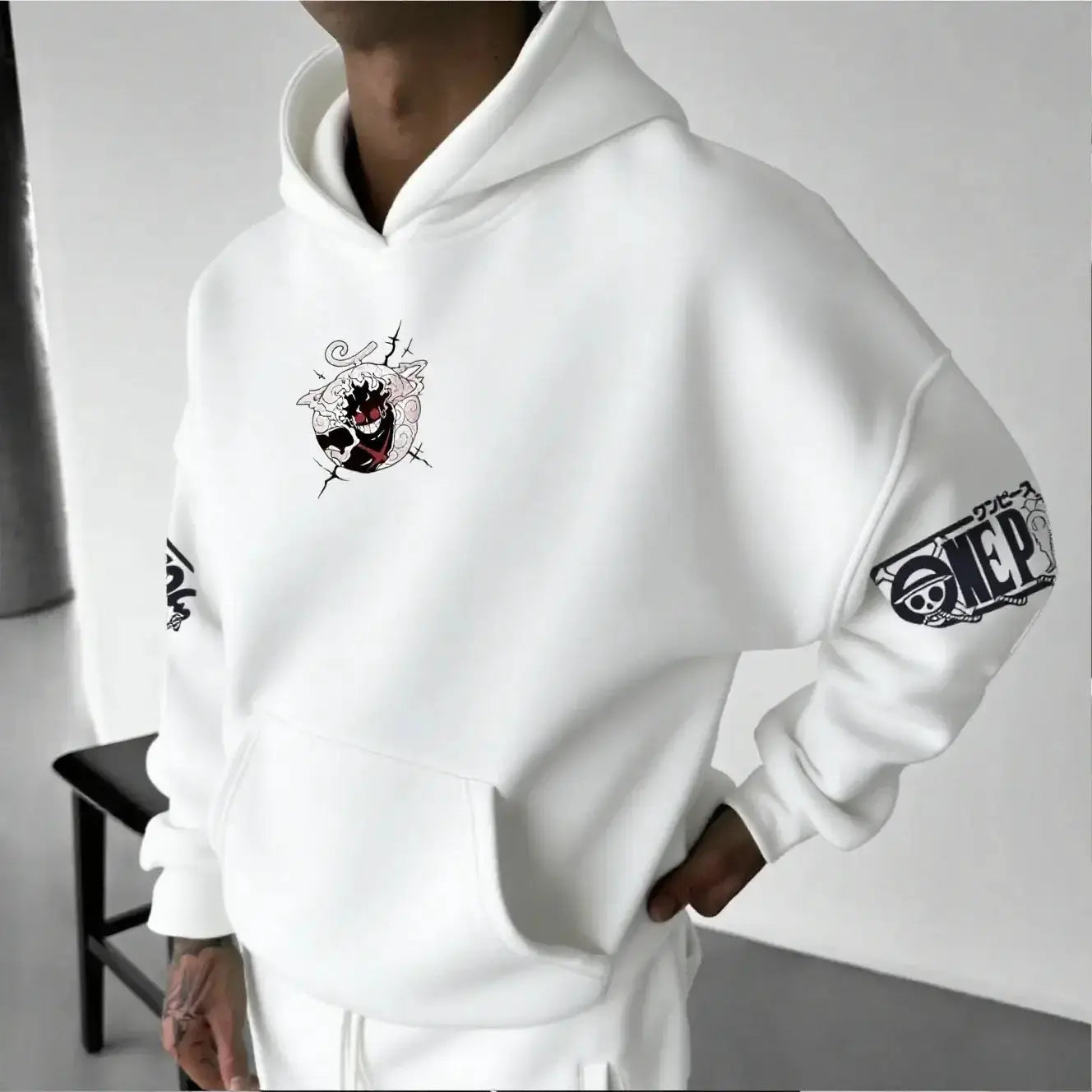 Oversized Luffy Gear 5 Nika anime hoodie by Infinite Visibility, featuring bold graphic print of One Piece character on front.