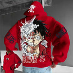 Oversized anime hoodie featuring Luffy Gear 5 Nika design from One Piece by Infinite Visibility, with colorful graphic print.