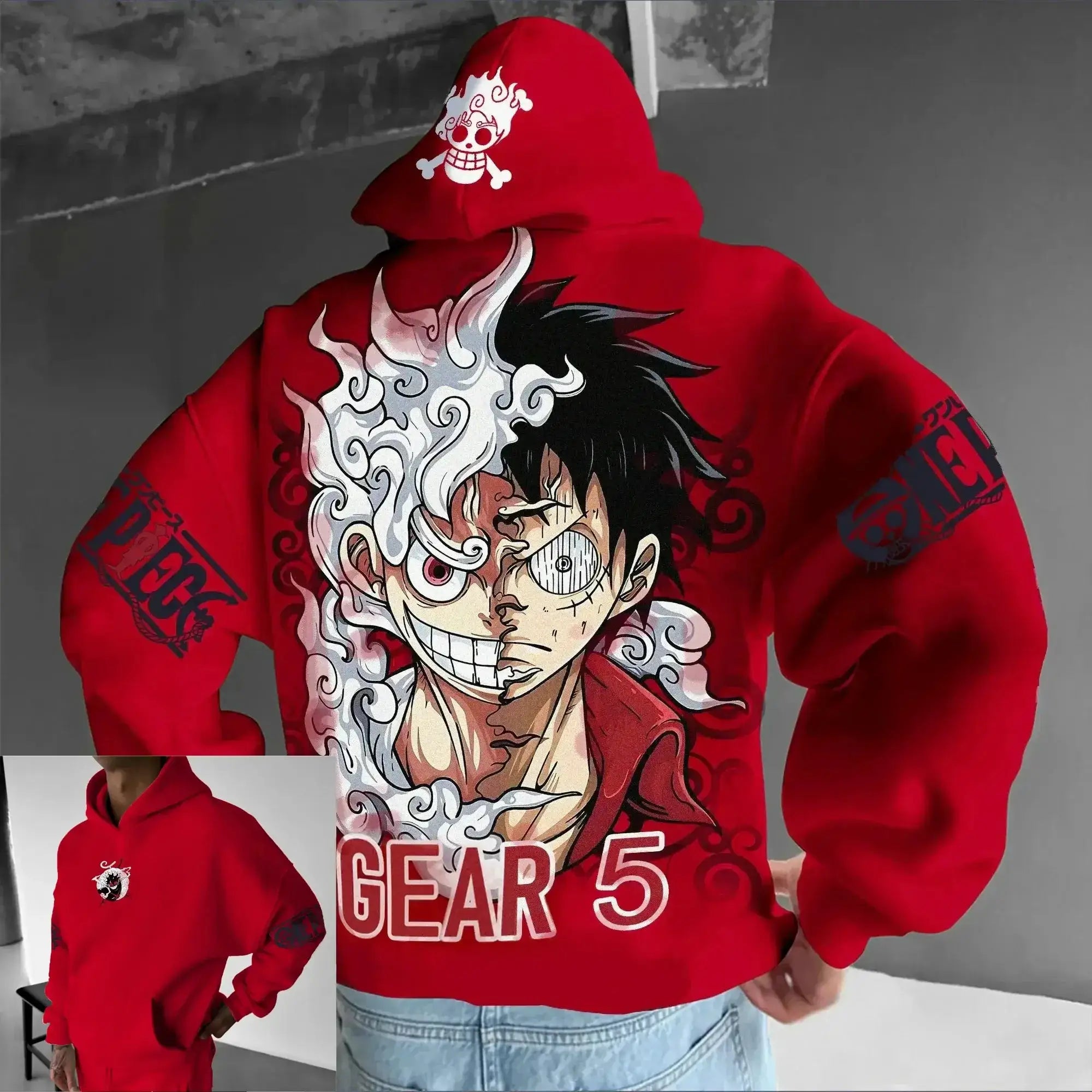 Oversized anime hoodie featuring Luffy Gear 5 Nika design from One Piece by Infinite Visibility, with colorful graphic print.