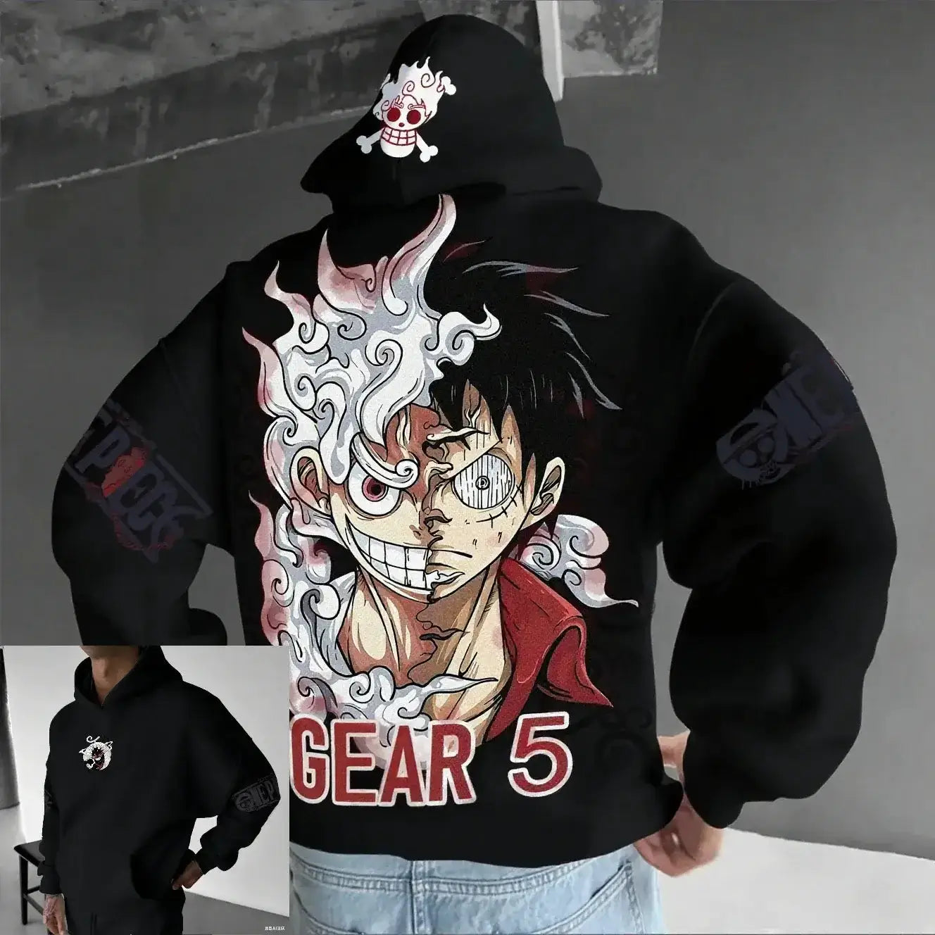 Oversized anime hoodie featuring Luffy Gear 5 Nika from One Piece by Infinite Visibility, with bold graphic print on front.