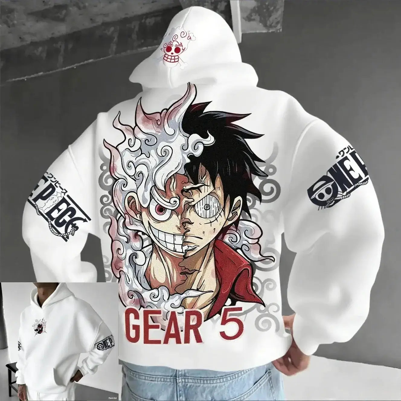 Oversized Luffy Gear 5 Nika anime hoodie by Infinite Visibility featuring bold graphic print of One Piece character in vibrant colors.