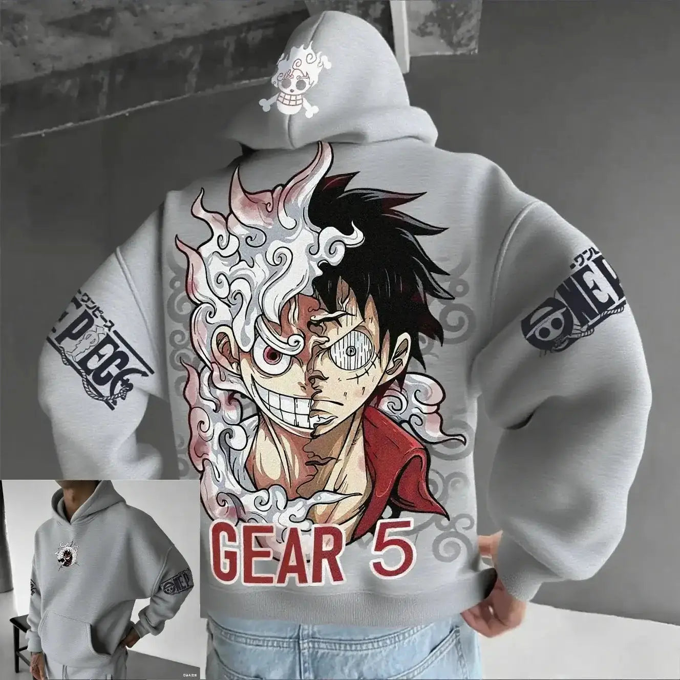 Oversized Luffy Gear 5 Nika anime hoodie by Infinite Visibility featuring bold character graphic and vibrant colors.