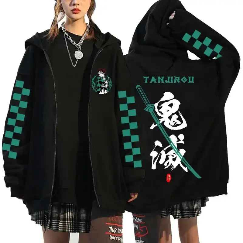 Demon Slayer Harajuku fleece zip hoodie by Infinite Visibility featuring anime-inspired designs, casual streetwear style, front zipper.