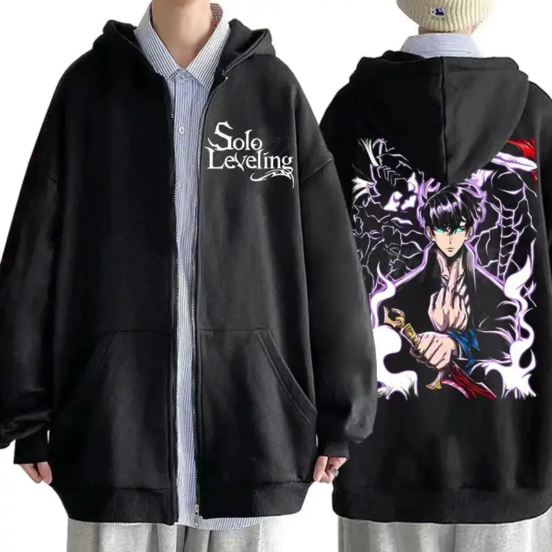 Infinite Visibility Solo Leveling graphic hoodie, streetwear zip-up with bold design, casual style, and comfortable fit.