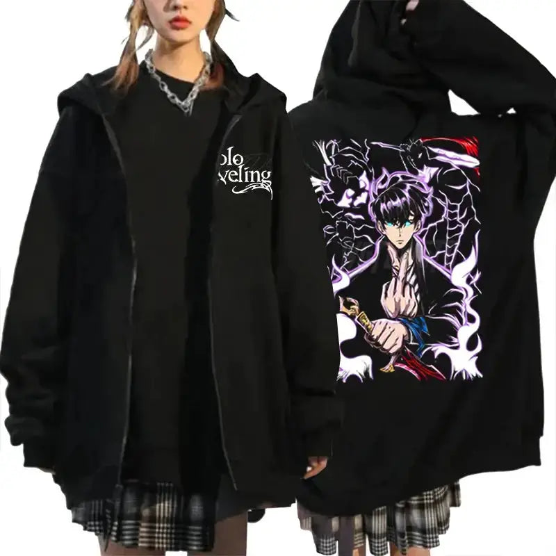 Infinite Visibility Solo Leveling graphic hoodie, streetwear zip-up with bold design, casual fit, and comfortable fabric.