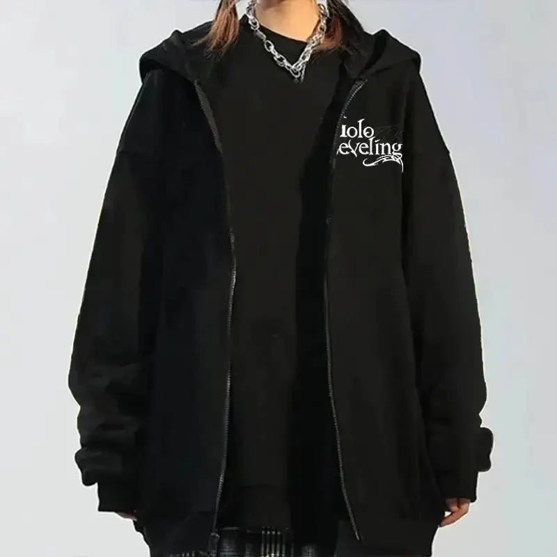 Black Solo Leveling graphic hoodie by Infinite Visibility, streetwear zip-up with bold design and comfortable fit.