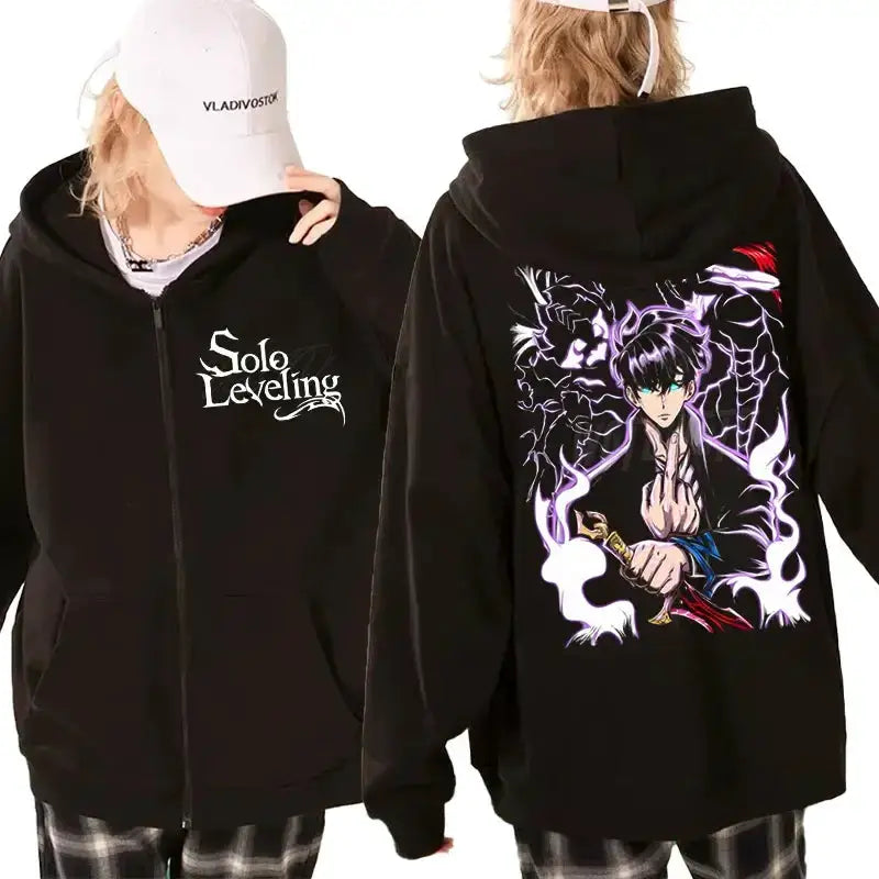 Infinite Visibility Solo Leveling graphic hoodie, zip-up streetwear hoodie with bold design and comfortable fit, front view.