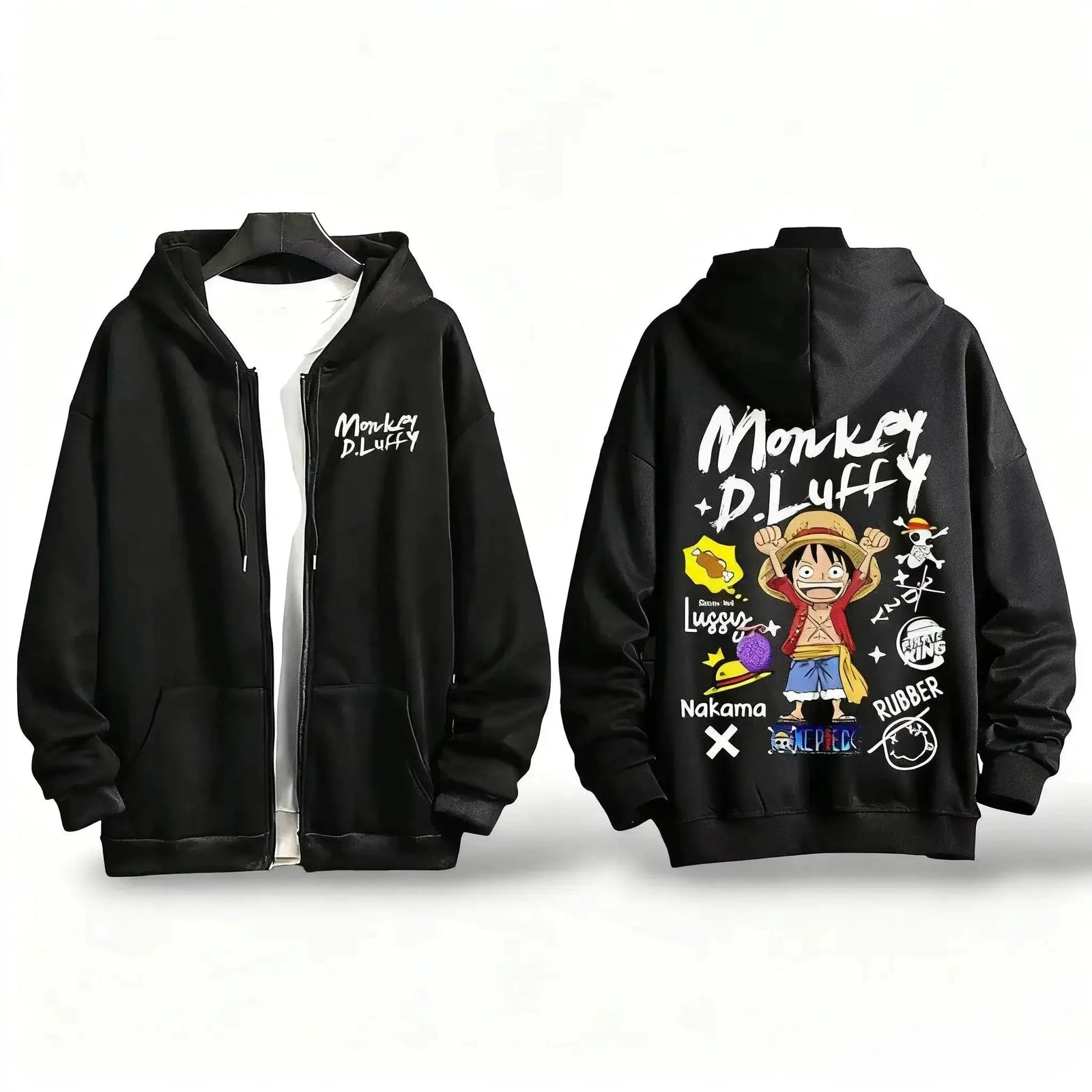 Infinite Visibility One Piece anime zipper hoodie in oversized streetwear style with colorful design and front zip closure.