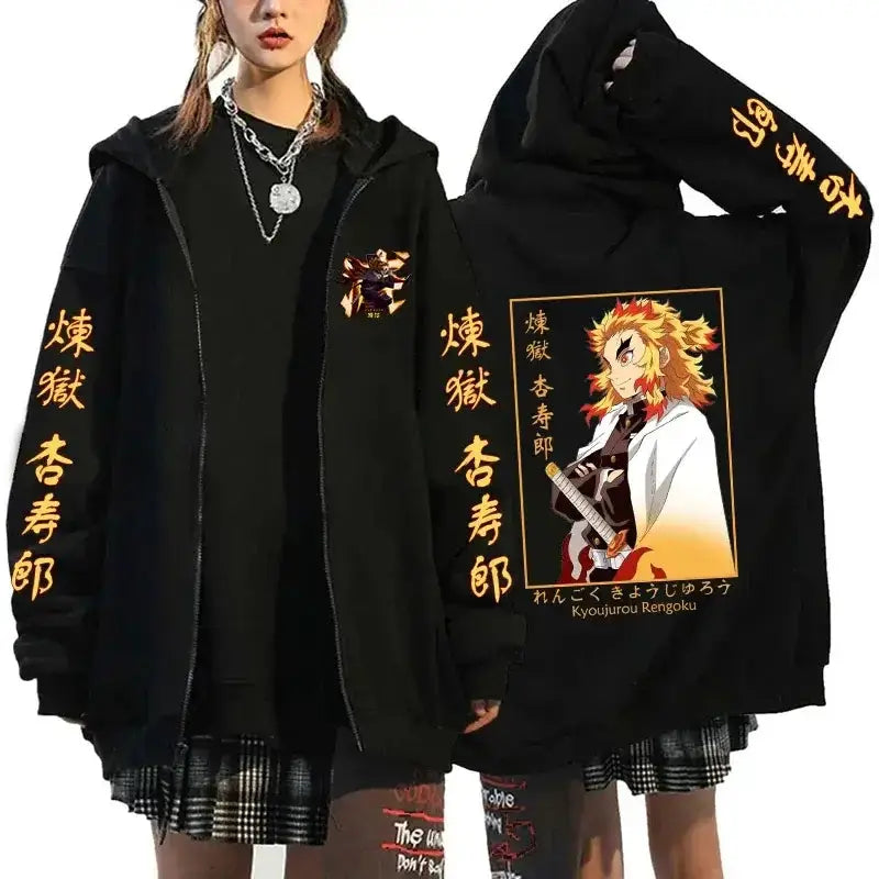 Rengoku Flame Hashira anime hoodie, streetwear zip-up jacket with fiery design, from Infinite Visibility.