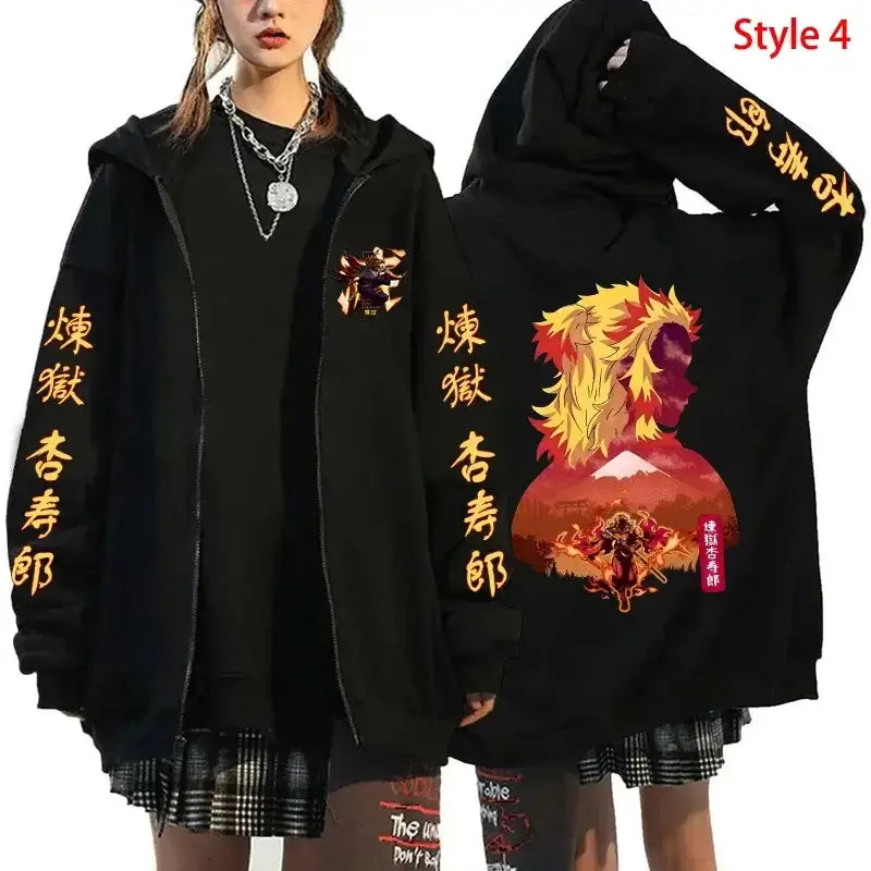 Red Rengoku Flame Hashira anime hoodie with zipper and flame design, streetwear zip-up jacket by Infinite Visibility.