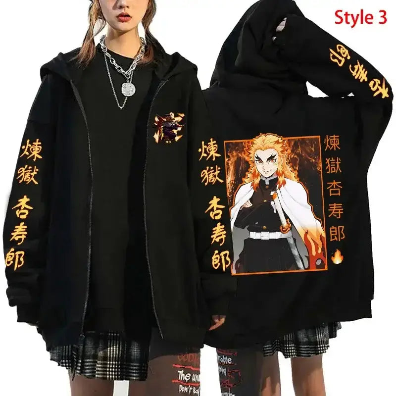 Red Rengoku Flame Hashira zip-up hoodie from Infinite Visibility featuring bold flame graphic and streetwear style.