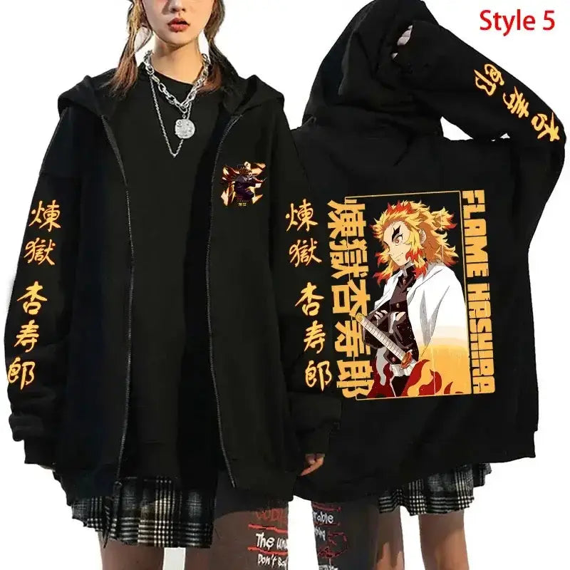 Red Rengoku Flame Hashira anime hoodie with zip-up front and bold flame design, streetwear style from Infinite Visibility.