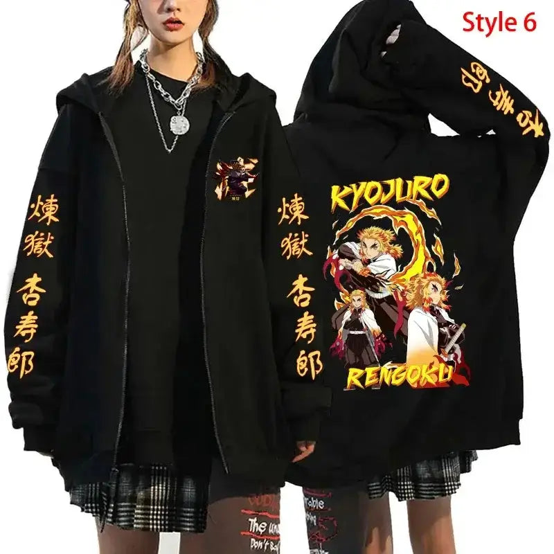 Rengoku Flame Hashira anime hoodie by Infinite Visibility, zip-up streetwear jacket with fiery design and bold flame graphics.