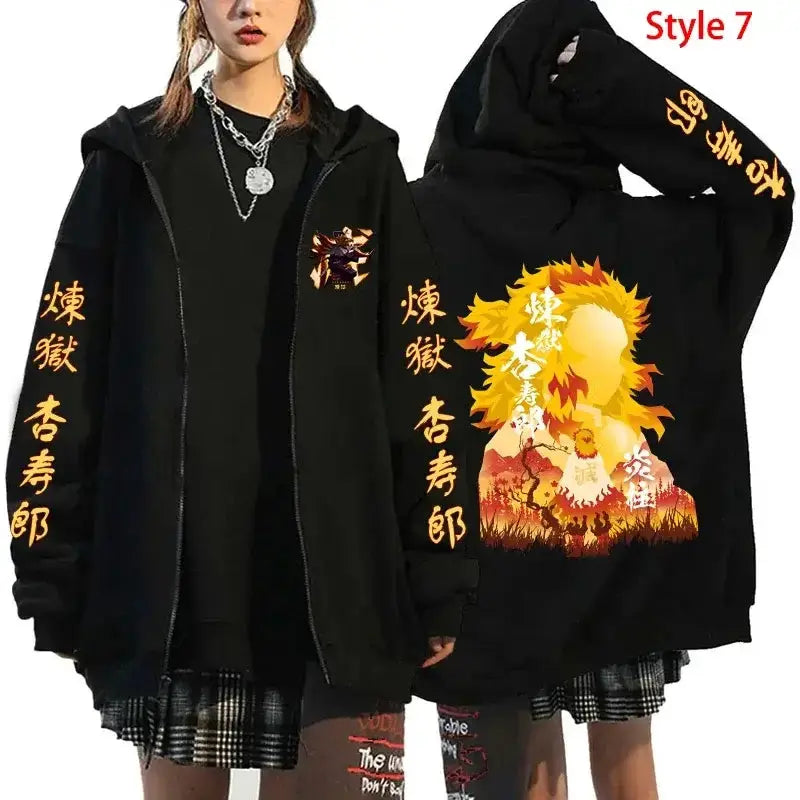 Rengoku Flame Hashira anime hoodie by Infinite Visibility featuring a zip-up streetwear design with flame-themed graphics.