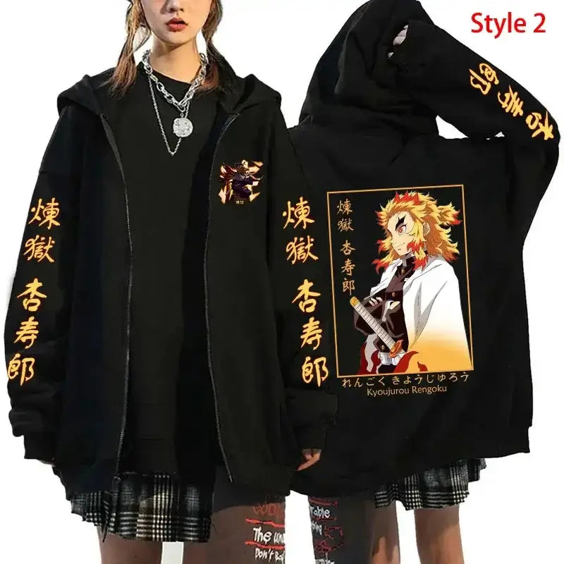 Rengoku Flame Hashira anime hoodie from Infinite Visibility featuring a zip-up streetwear design with fiery flame artwork.