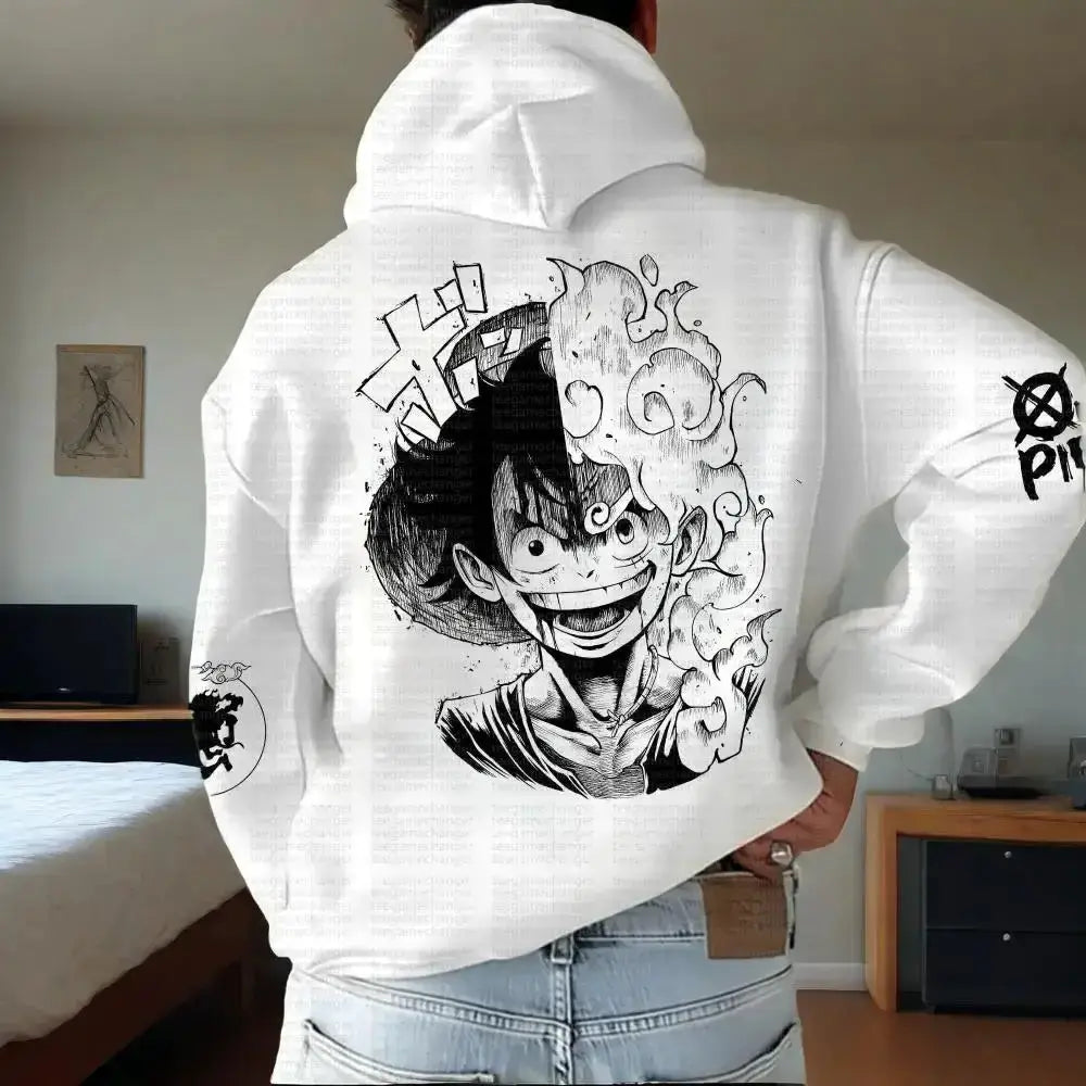 Black One Piece Luffy hooded sweater by Infinite Visibility, featuring Luffy's iconic design and a cozy, stylish hoodie fit.