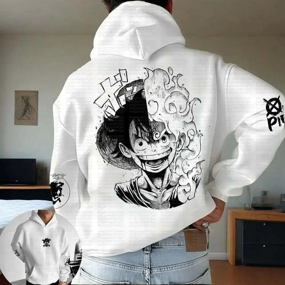 Infinite Visibility One Piece Luffy hooded sweater featuring a stylish hoodie design with Luffy graphic for 2025 trend fashion.