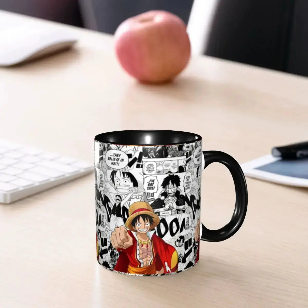 Kid's Luffy One Piece mug featuring cartoon anime character design, perfect for kids' water cups and gift-giving.