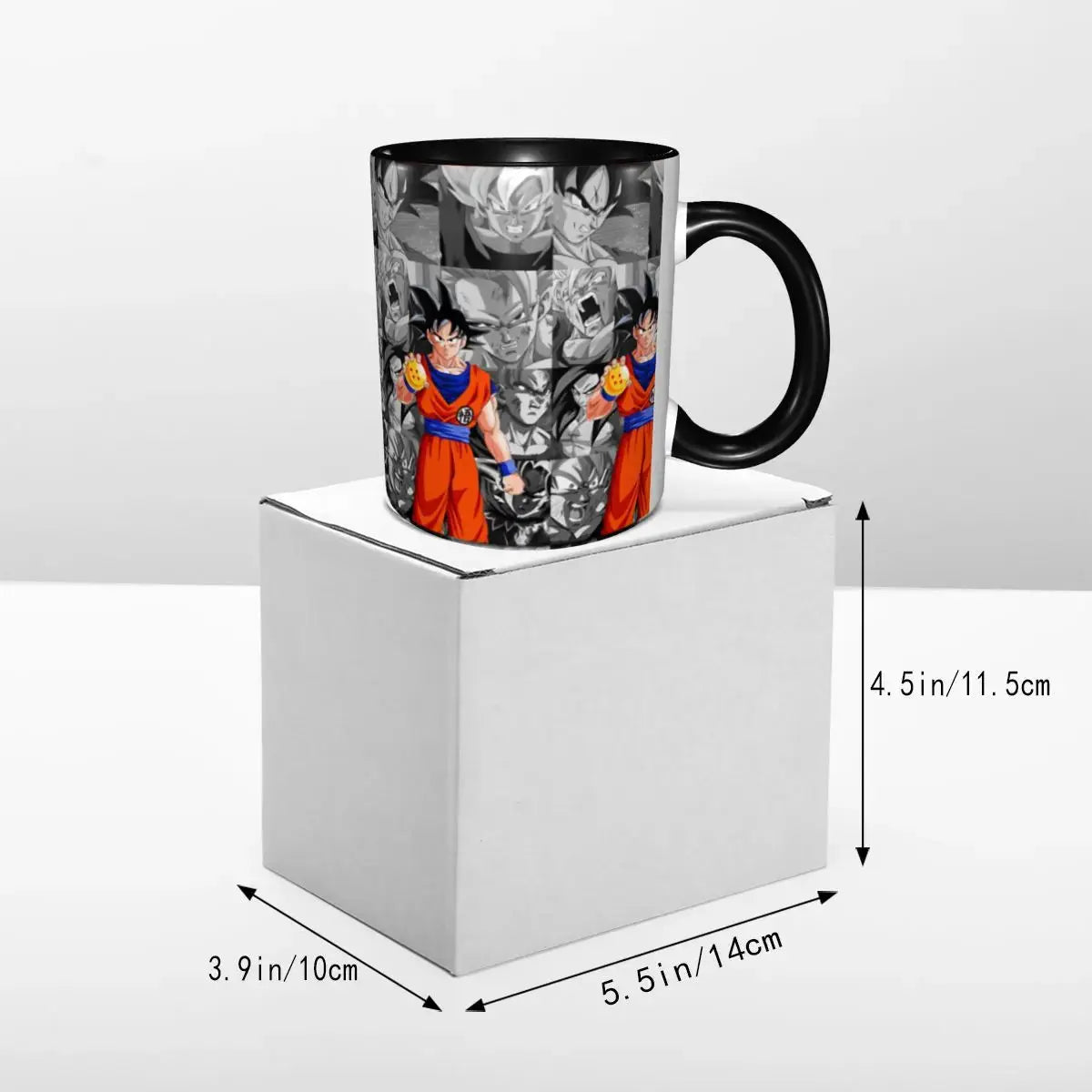 Dragon Ball gift mug featuring anime cartoon design, perfect for kids, made by Infinite Visibility, with vibrant character artwork.