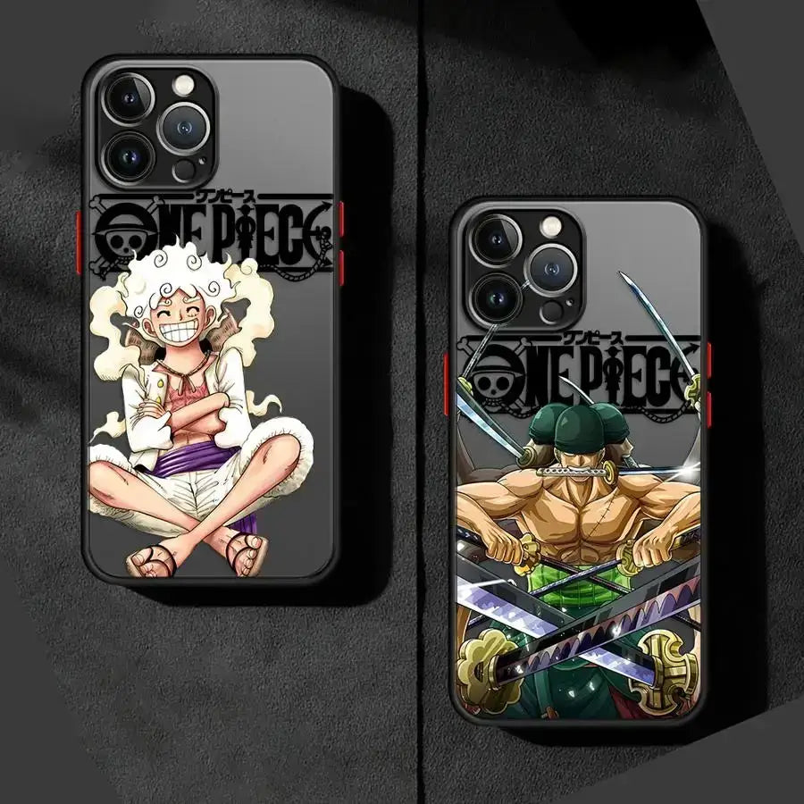 Matte iPhone case featuring Zoro and Luffy from One Piece, designed by Infinite Visibility, with colorful anime character artwork.