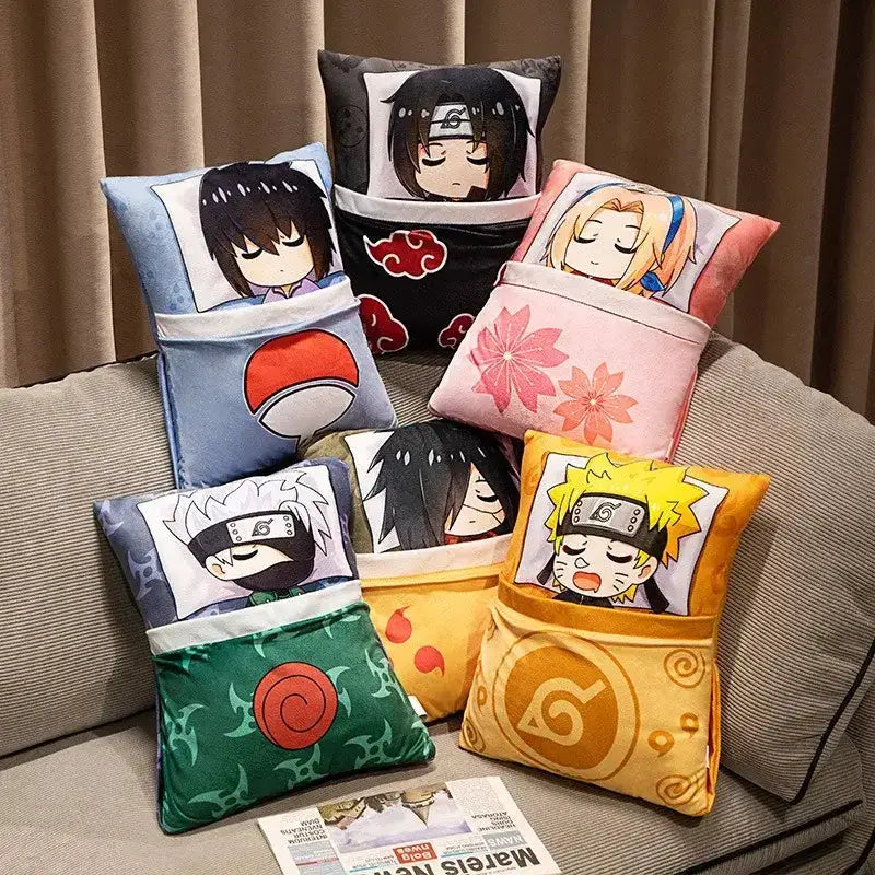 Naruto and Kakashi plush pillow featuring soft, colorful anime character dolls from Infinite Visibility on a cozy pillow.