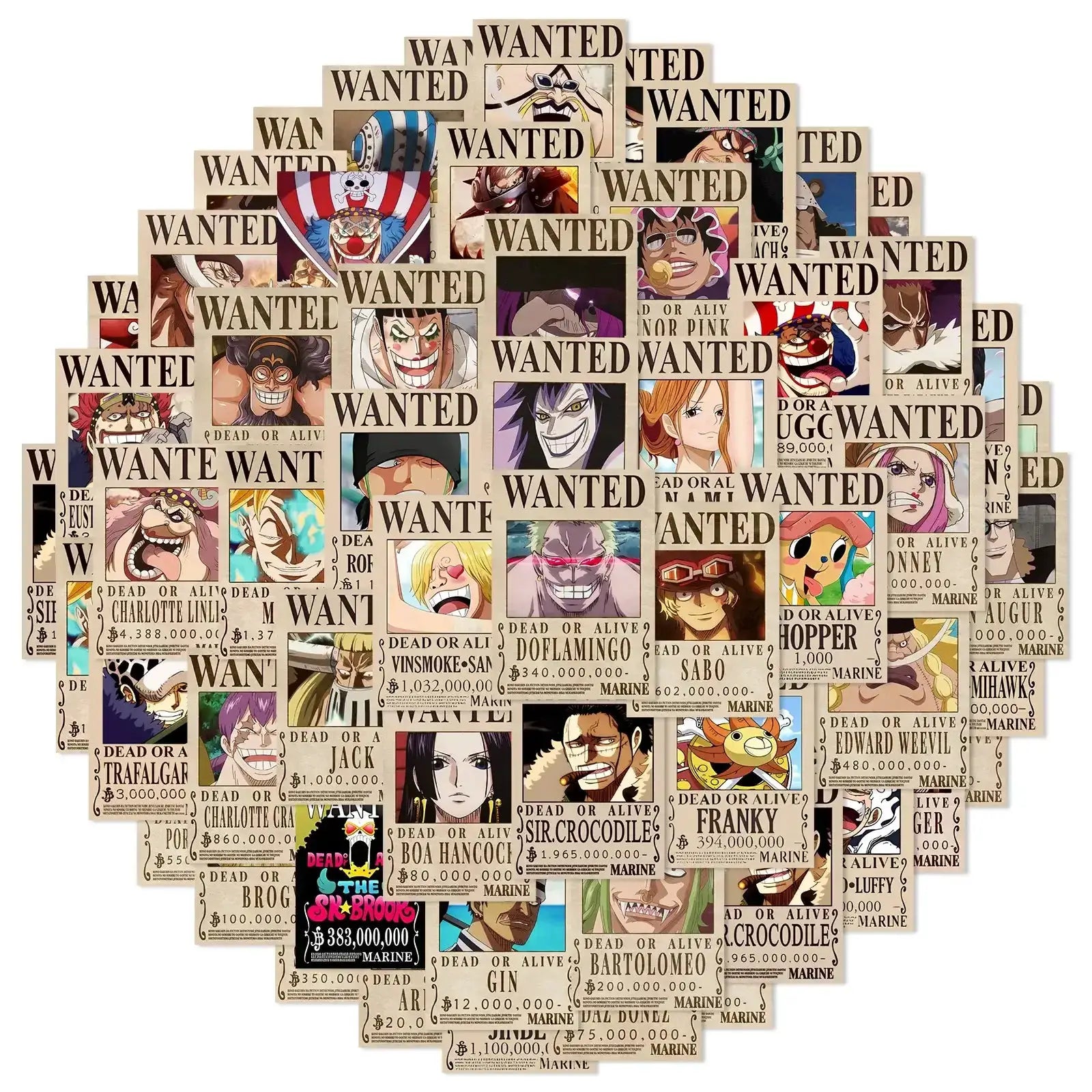 Set of 50 cool anime One Piece Wanted Posters stickers by Infinite Visibility, featuring vibrant, detailed pirate-themed decal designs.
