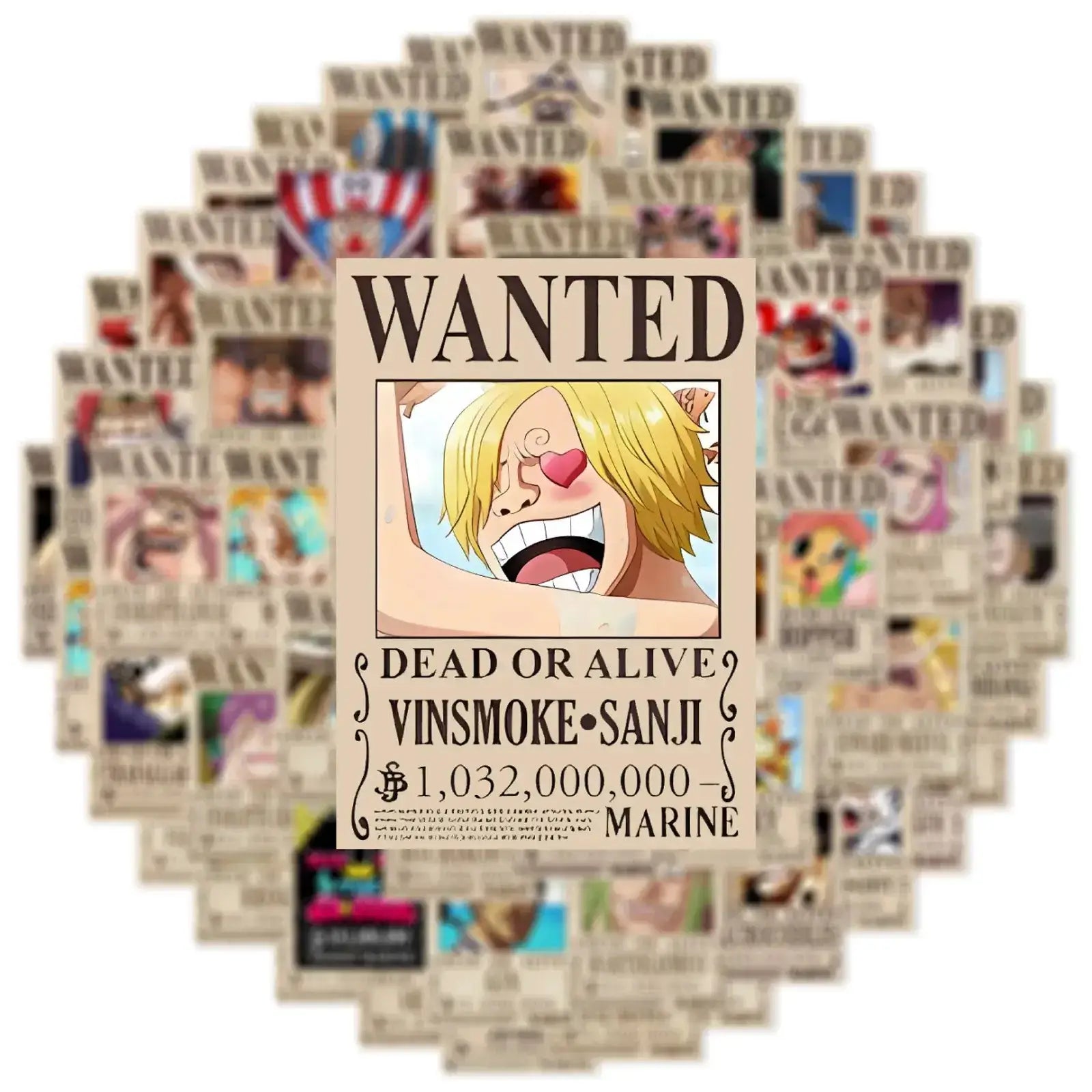 Set of 50 anime One Piece Wanted Posters stickers featuring cool, detailed designs from Infinite Visibility.