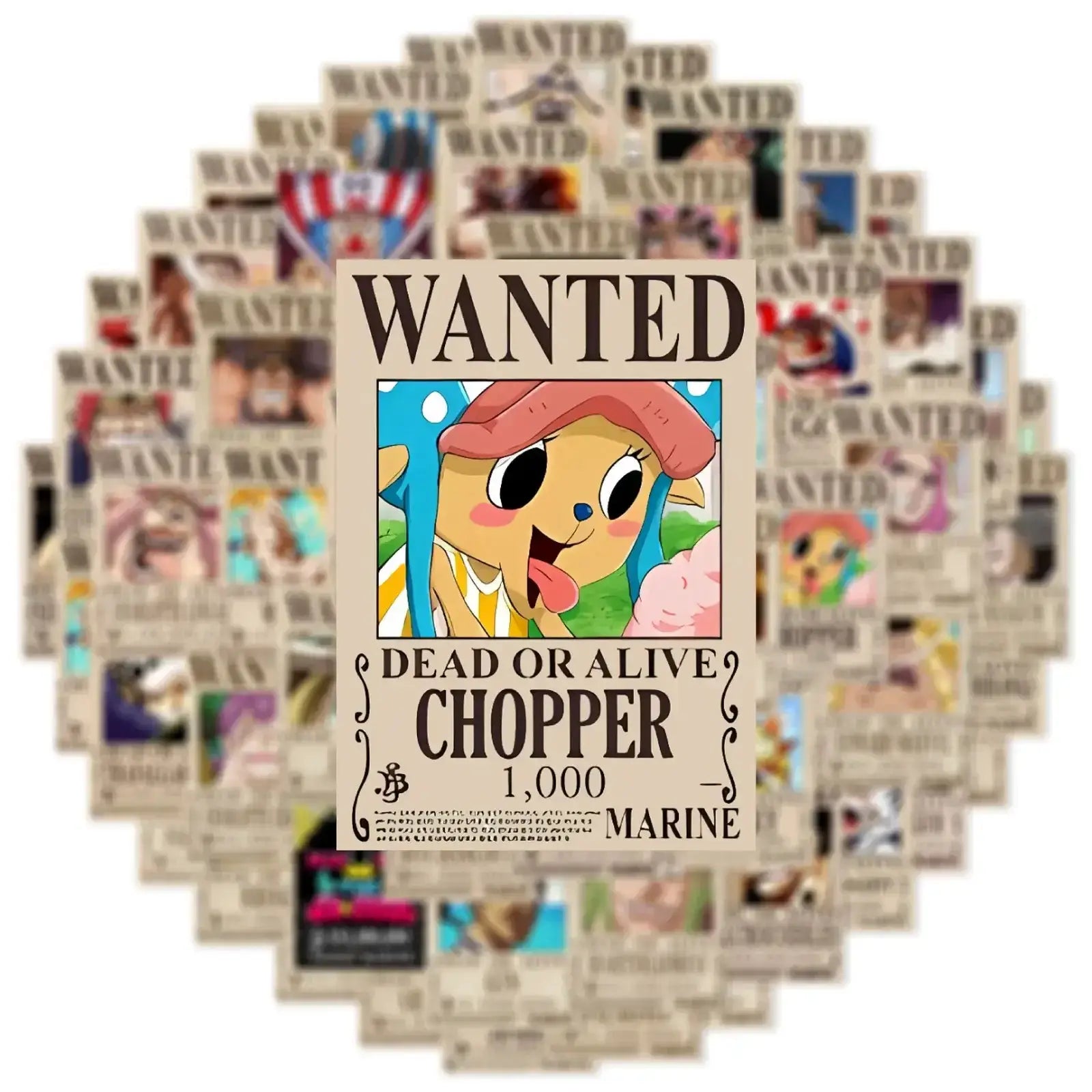 Set of 50 cool anime One Piece Wanted Posters stickers featuring vibrant, detailed design decals from Infinite Visibility.