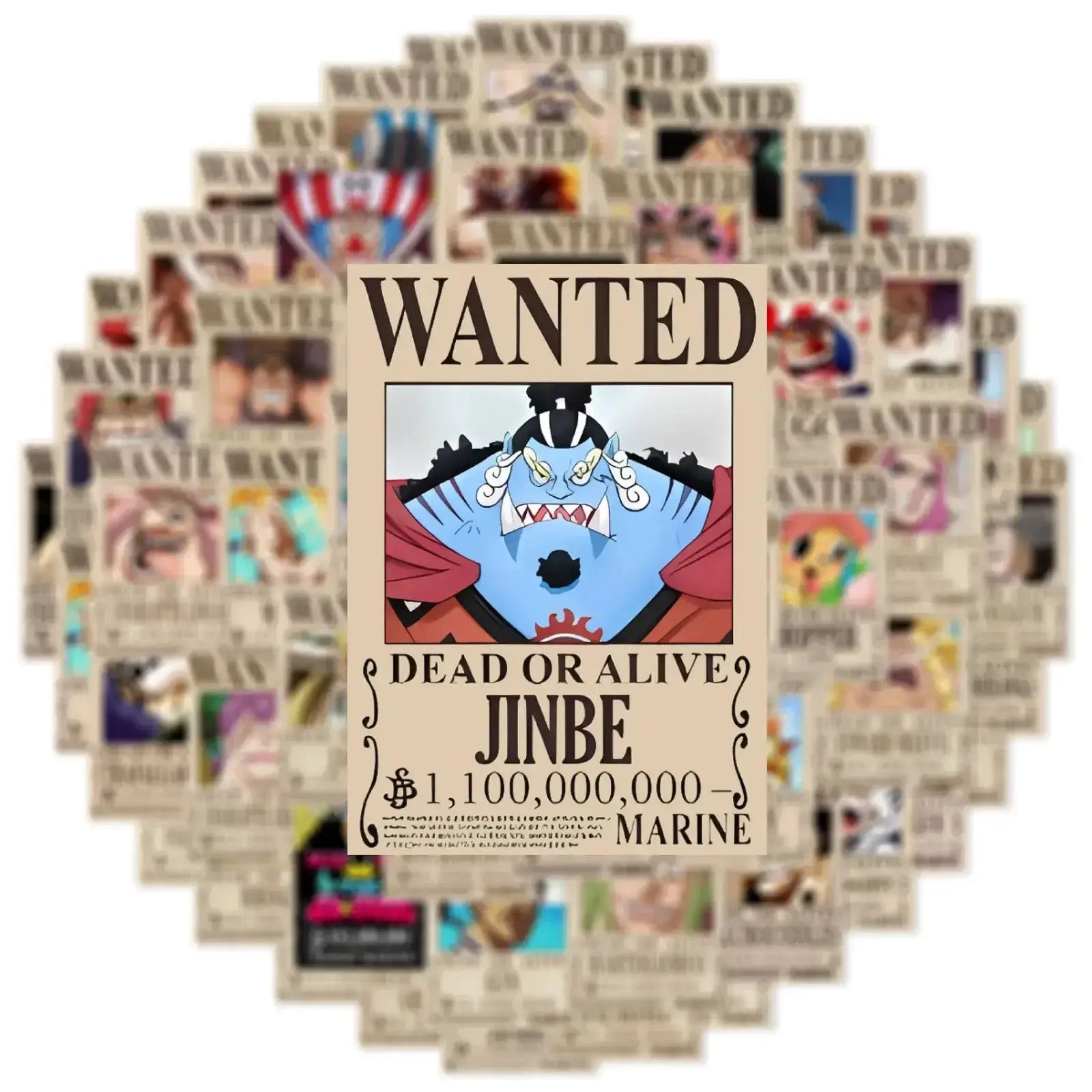Set of 50 cool anime One Piece Wanted Posters stickers featuring characters from the popular series, printed on durable poster decals.