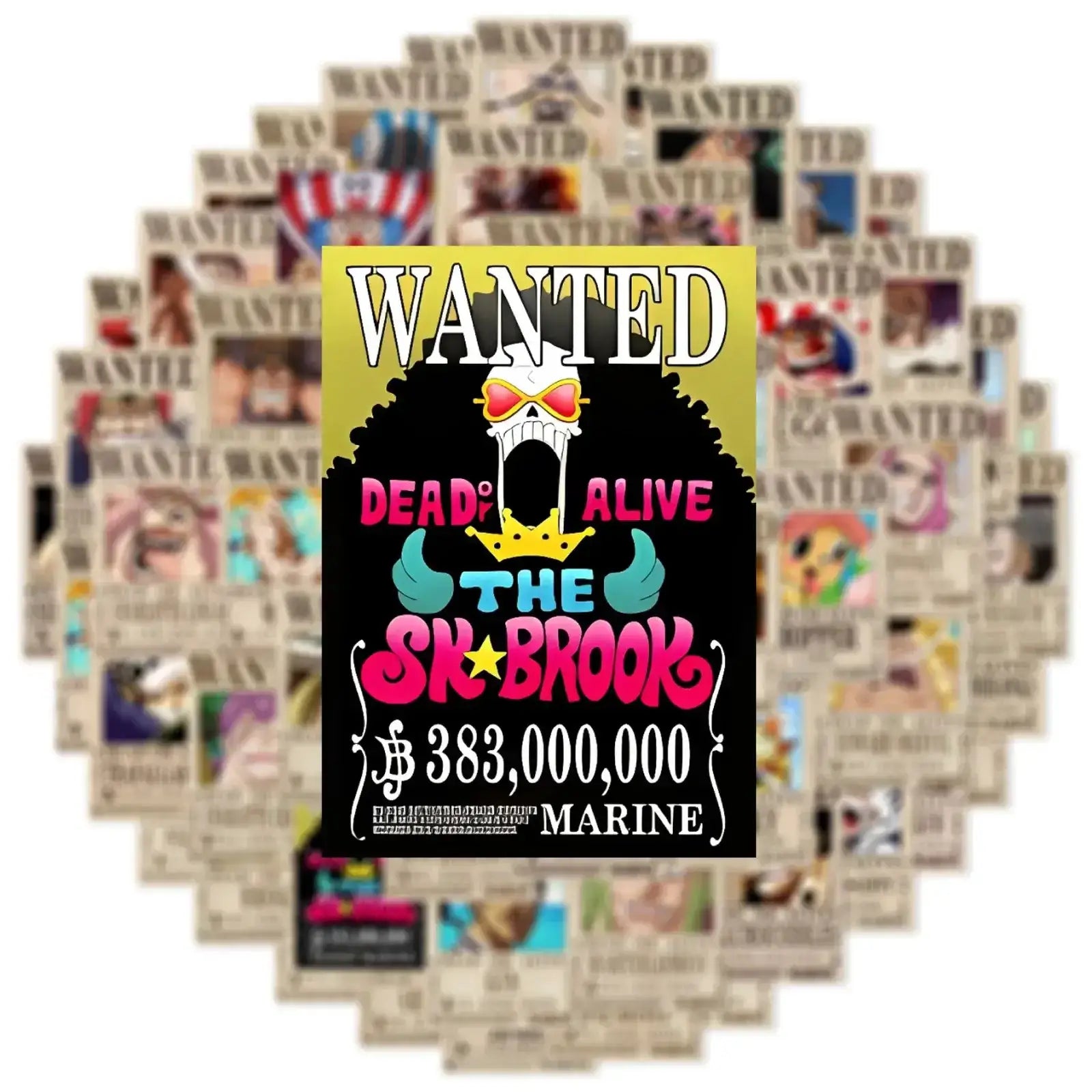 Set of 50 cool anime One Piece Wanted Posters stickers by Infinite Visibility featuring vibrant, collectible pirate-themed decals.