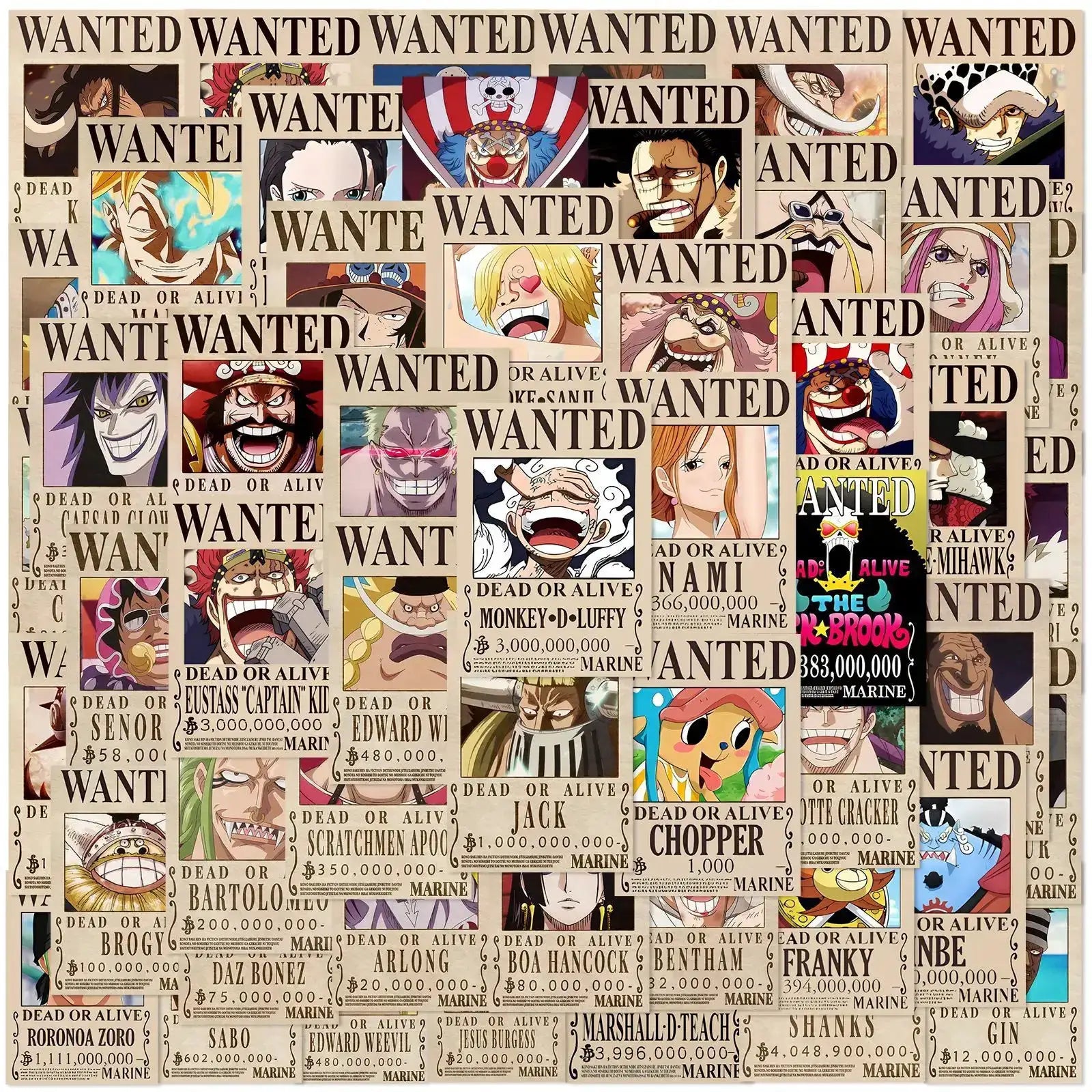 Set of 50 cool anime One Piece Wanted Posters stickers featuring vibrant designs and characters from the popular anime series.