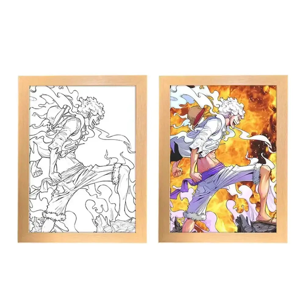 Anime poster featuring One Piece characters Luffy and Zoro depicted as a night light, perfect for fans and Christmas gifts.
