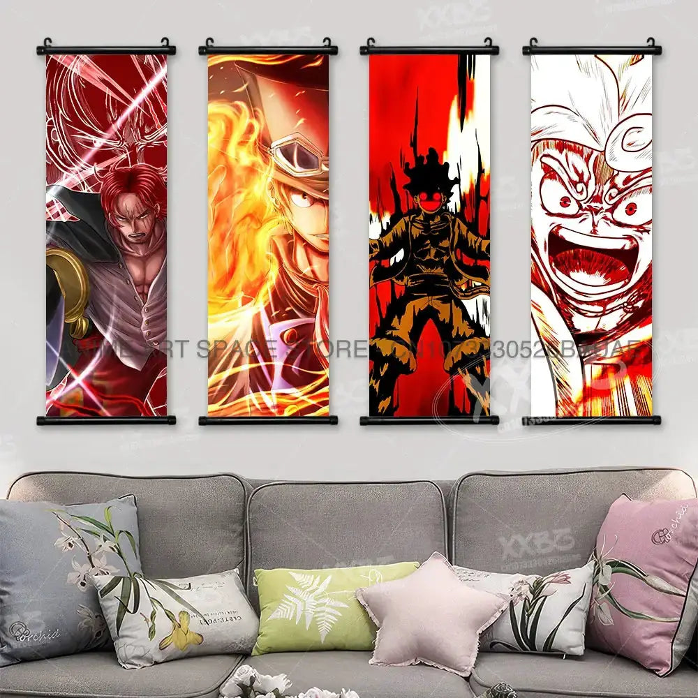 One Piece hanging poster featuring Luffy, Ace, Sabo, and Shanks wall art with vibrant characters from the anime series.