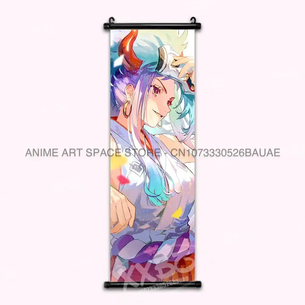One Piece hanging poster featuring Luffy, Ace, Sabo, and Shanks wall art by Infinite Visibility, vibrant anime character illustration.