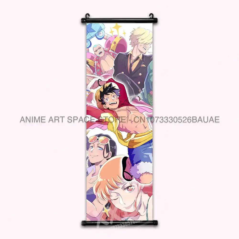 One Piece hanging poster featuring Luffy, Ace, Sabo, and Shanks, vibrant wall art by Infinite Visibility.