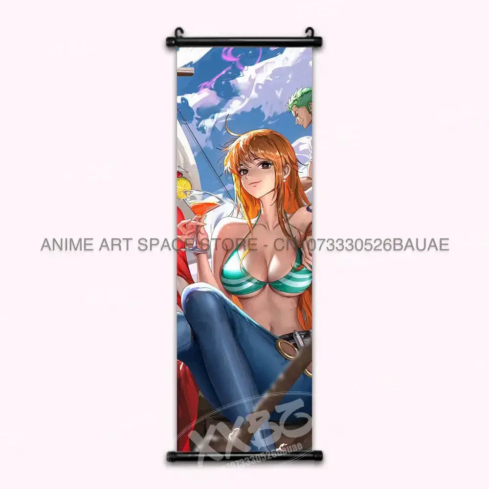 One Piece hanging poster featuring Luffy, Ace, Sabo, and Shanks wall art by Infinite Visibility, showcasing vibrant character illustrations.