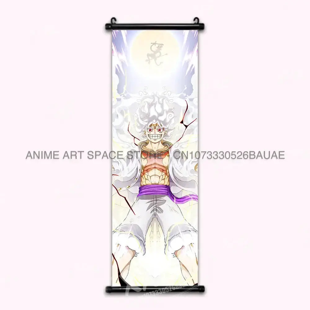 One Piece hanging poster featuring Luffy, Ace, Sabo, and Shanks wall art by Infinite Visibility, vibrant and detailed character artwork.