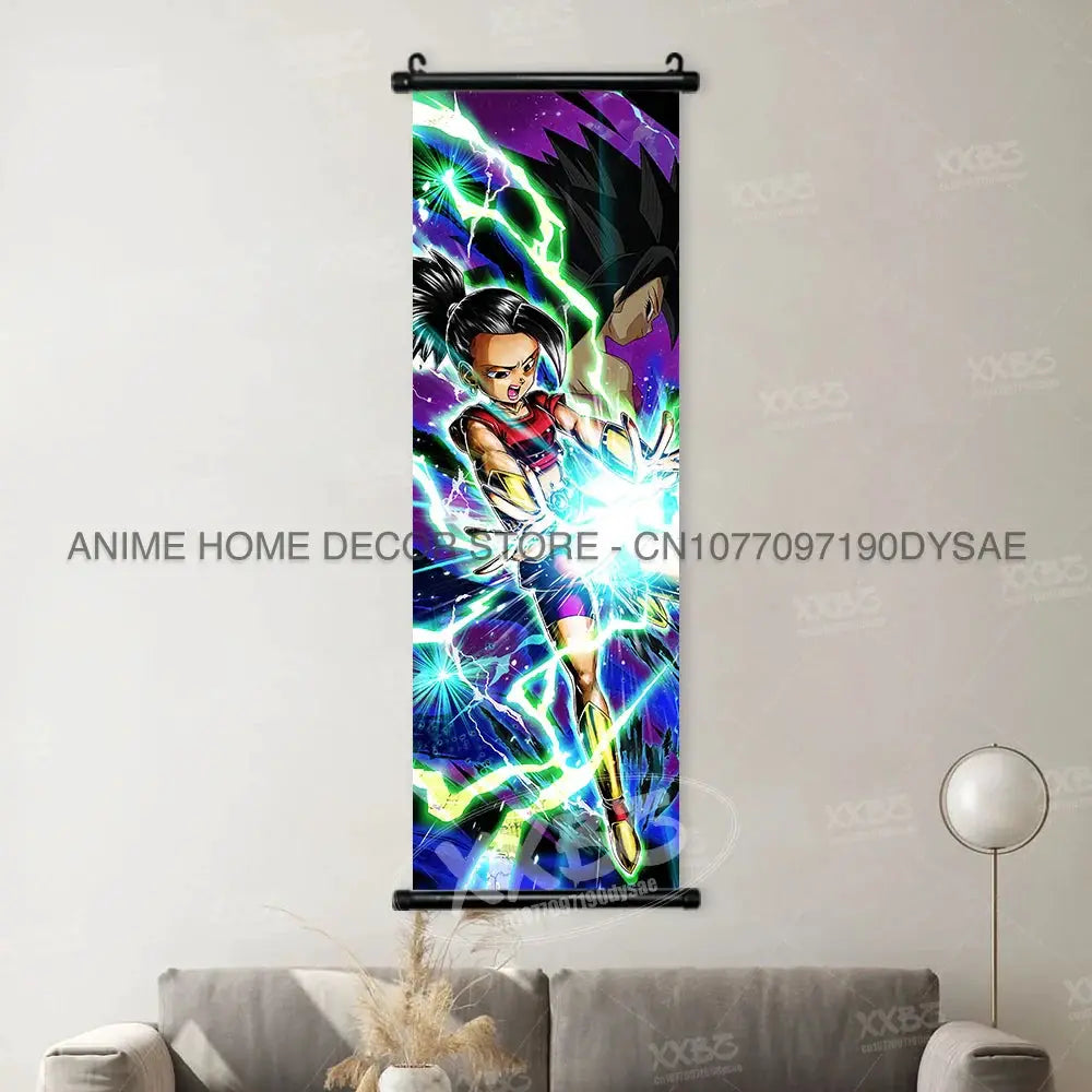 Anime wall scrolls featuring Goku and Vegeta from Dragon Ball, vibrant posters by Infinite Visibility on a black background.